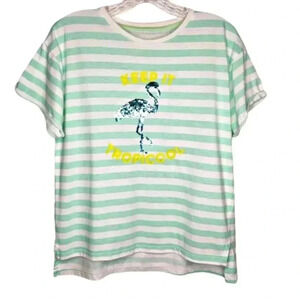 Arizona Green White Striped Hi-Low Sequin Flamingo Short Rolled Sleeve Size XL
